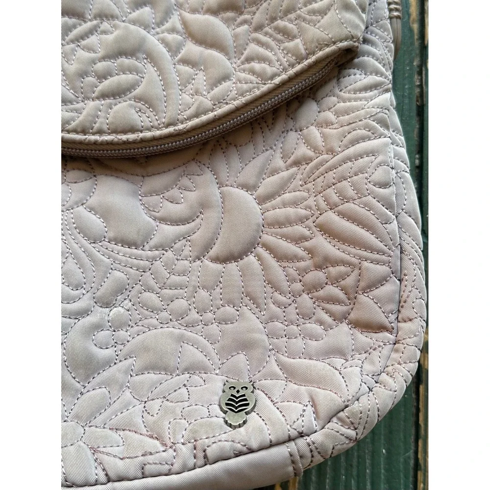 Sakroots Quilted Floral Crossbody Bag Mauve Taupe Adjustable Strap Owl Charm